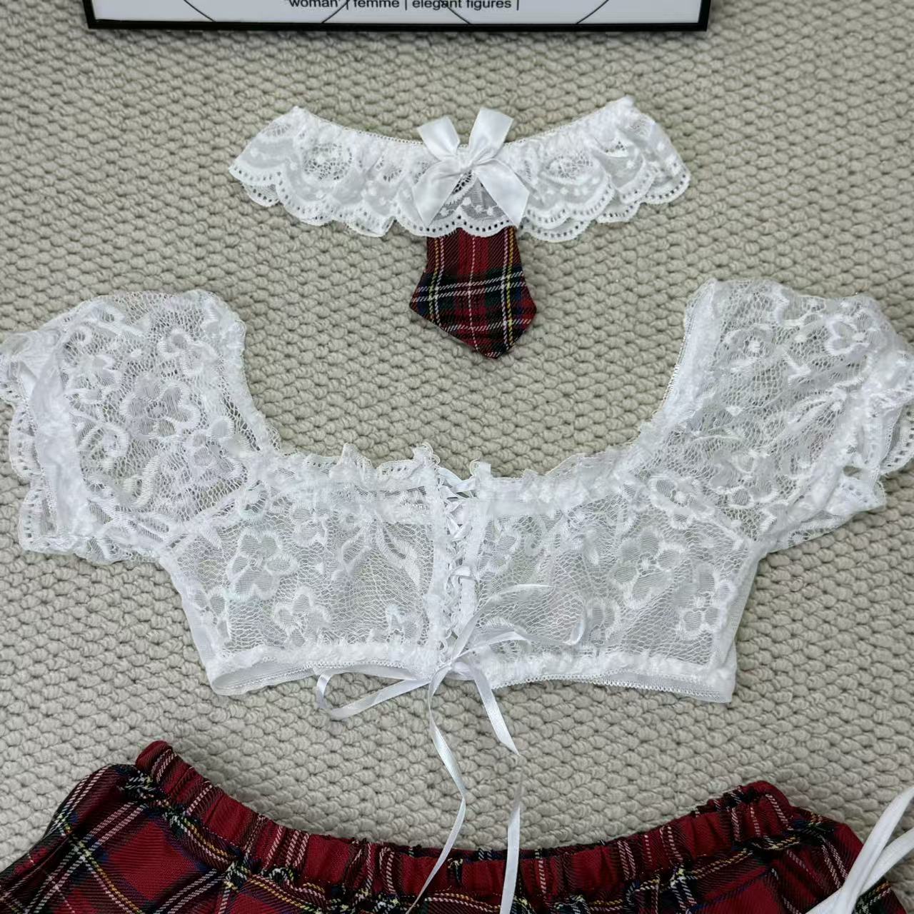 Belted lace-checkered short dress set