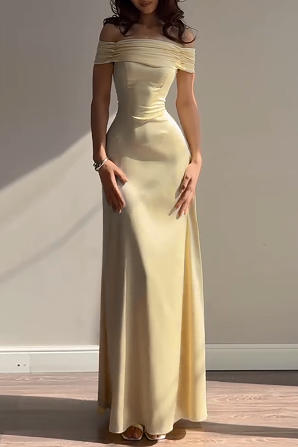 Ruched Off Shoulder Back Lace Up Cinch Waist Plain Gowns Maxi Dresses-Yellow