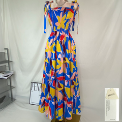 Short-sleeved printed long-sleeved halter dress