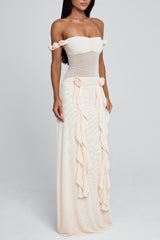 Off Shoulder Mesh Patchwork Rosette Ruffle Maxi Dresses-Beige Pre Order