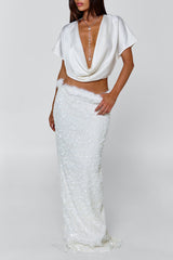 Cowl Neck Top Feather Sequin Maxi Skirt Party 2pcs Set-White Pre Order