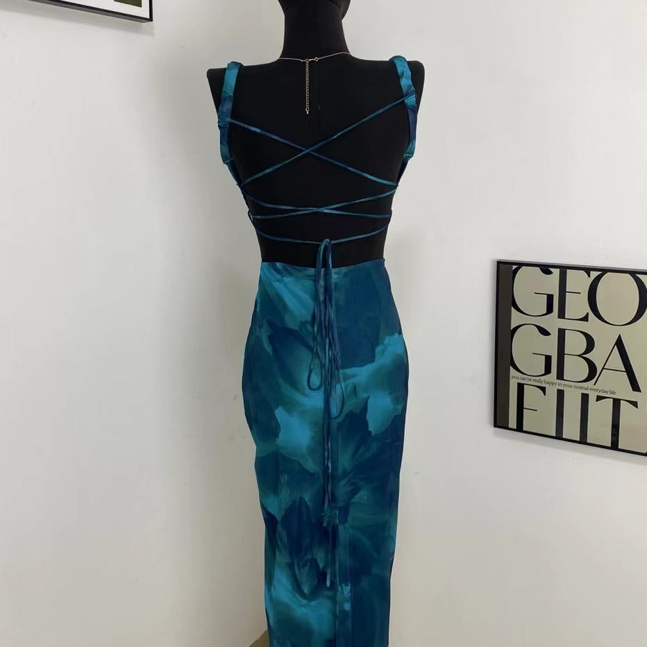 Sleeveless Boat Neck Printed Slit Dress