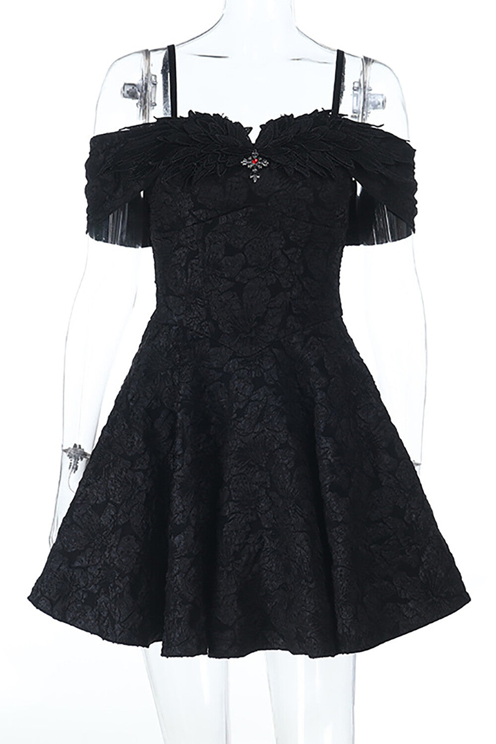 Cold Shoulder Cinch Waist Floral Textured Slip Mini Dresses-Black