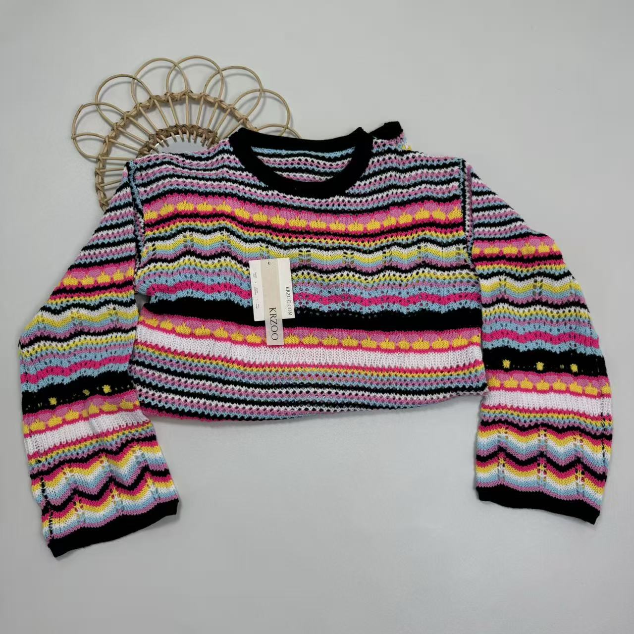 Rainbow-striped pullover mid-length sweater