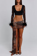 Feather Cuff Crop Top Print Asymmetric Maxi Skirt 2pcs Set-Black Pre Order