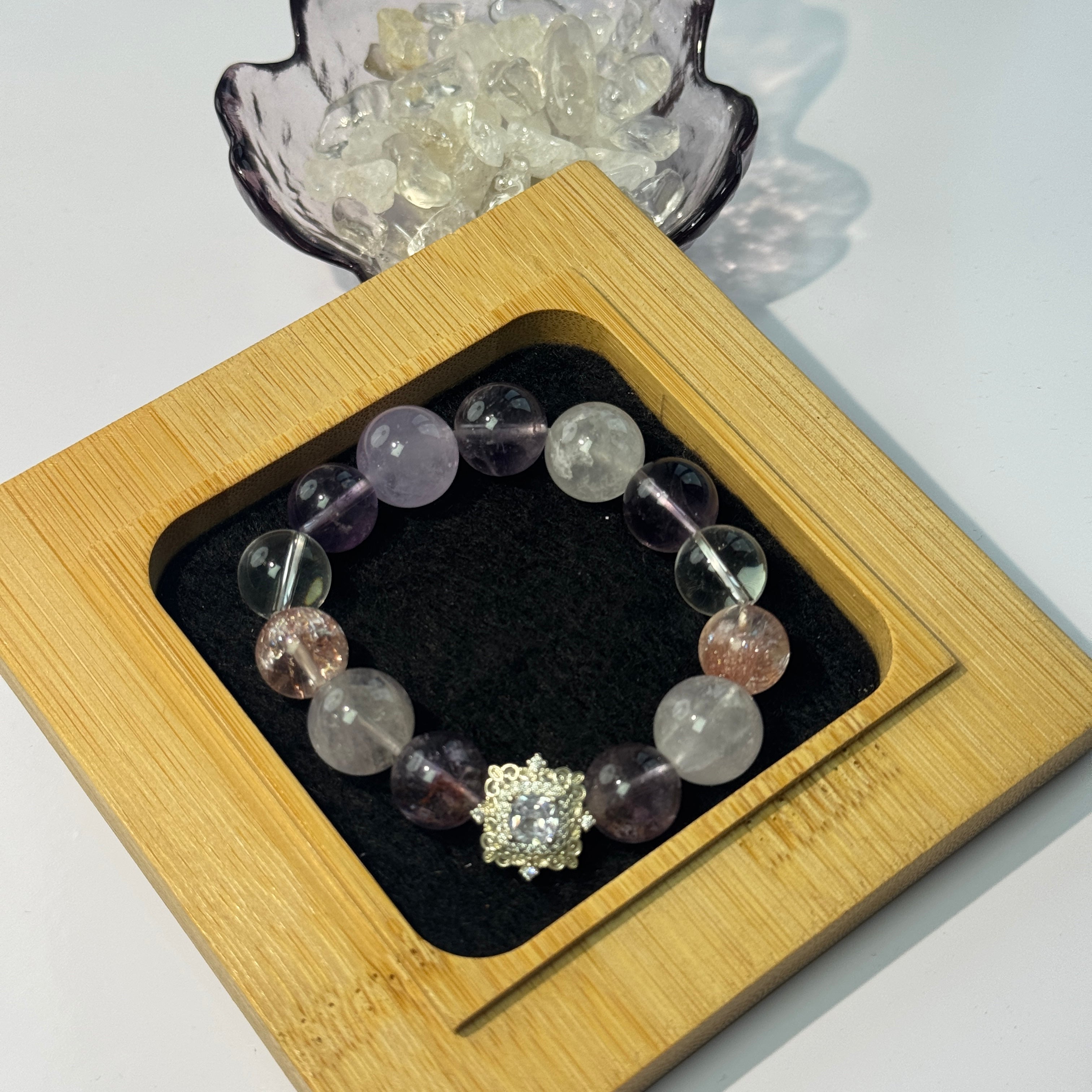 Mixed Purple Crystal Beaded Bracelet, Handmade Natural Stone Bracelet with Zircon Sun Charm