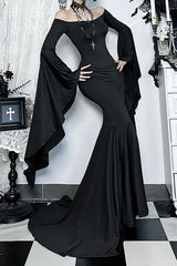 Off Shoulder Bell Sleeve Fitted Mermaid Gowns Maxi Dresses-Black