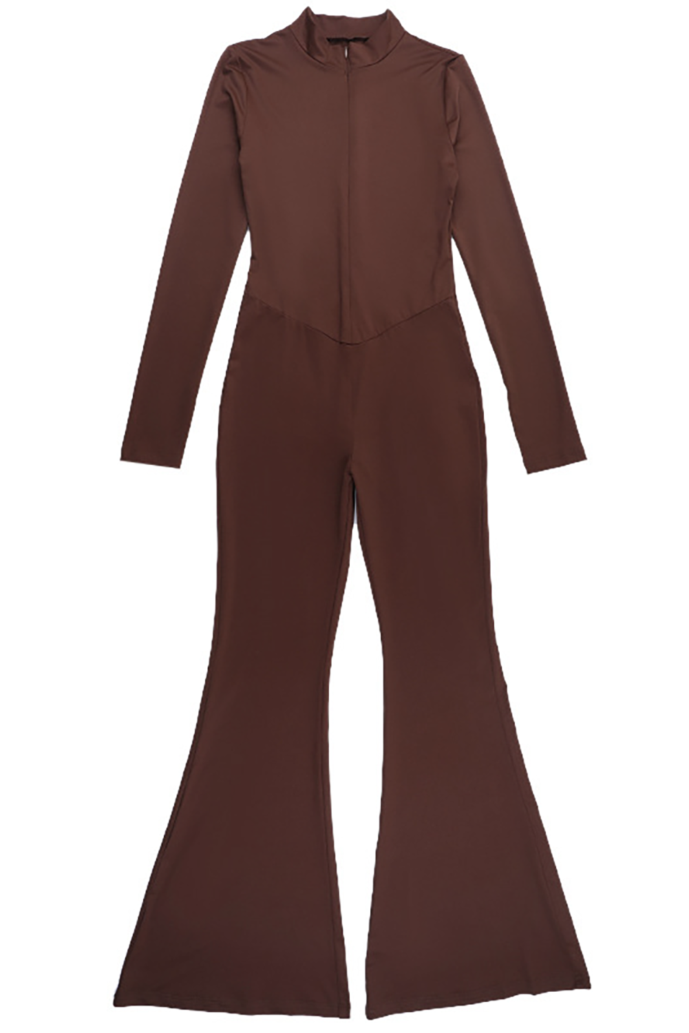 Solid Color Long Sleeve Slim Fit Flared Leg Jumpsuit-Brown