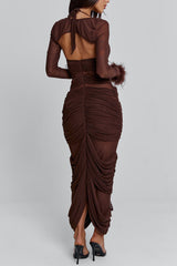Feather Hem Bolero Halter Mesh Maxi Skirt Party 2pcs Set-Brown Pre Order