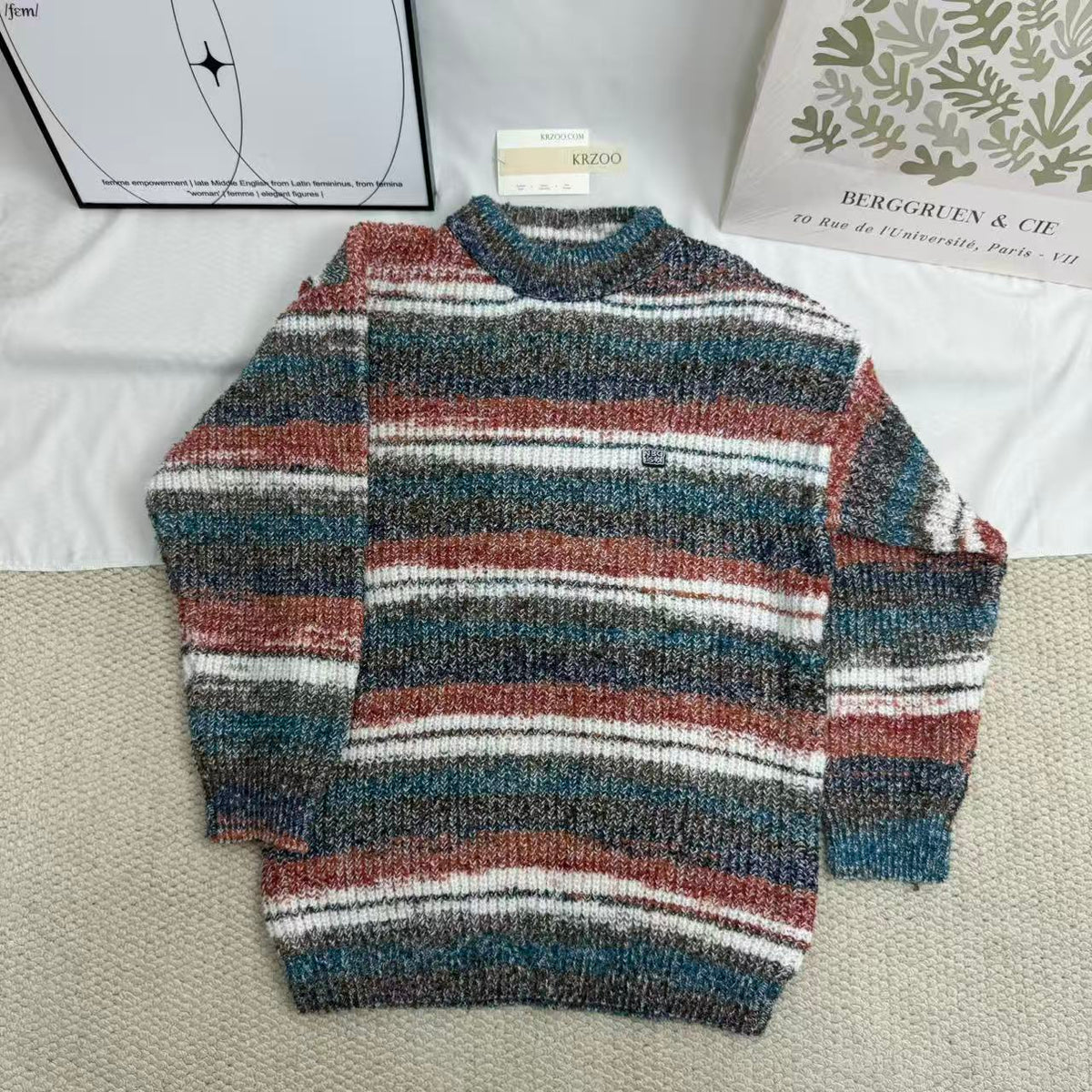 Gradient-Striped Crew-Neck Knit Sweater