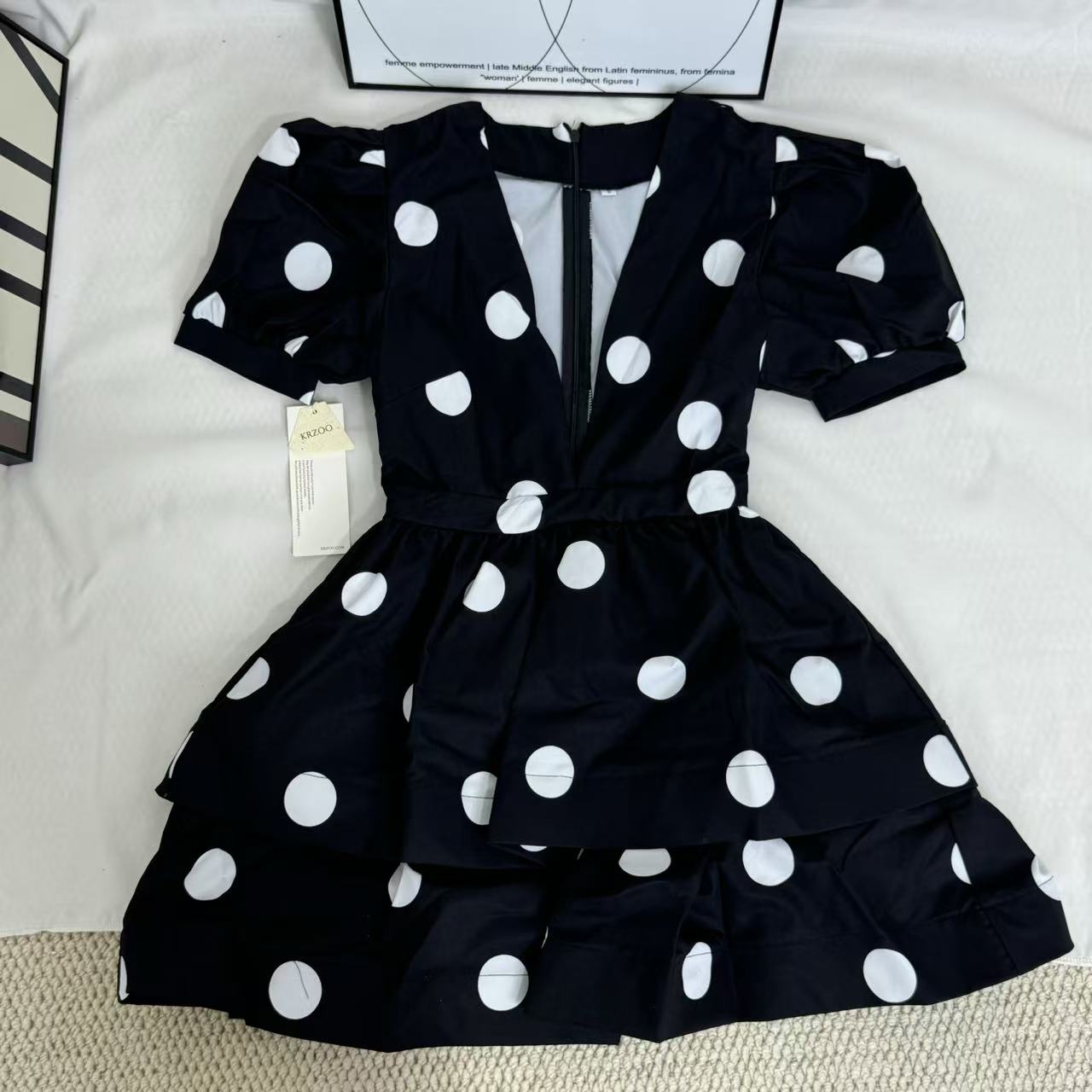 Printed Deep-V Polka-Dot A-Line Dress