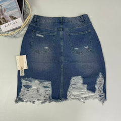 Ragged-edge and tear-damaged half-length skirt