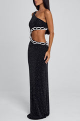 One Shoulder Cutout Chain Slim-Fit Glitter Maxi Dresses-Black Pre Order