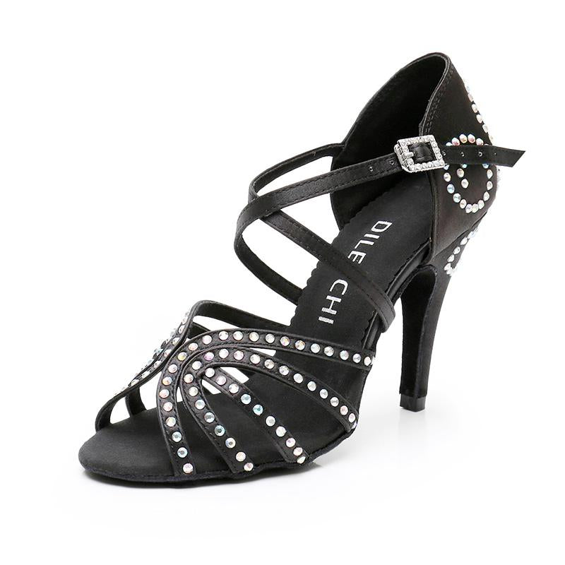 Women's Black Customized Heel Satin Rhinestones Strappy Ballroom Latin Dance Shoes