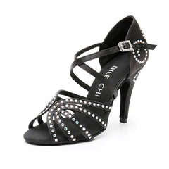 Women's Black Customized Heel Satin Rhinestones Strappy Ballroom Latin Dance Shoes