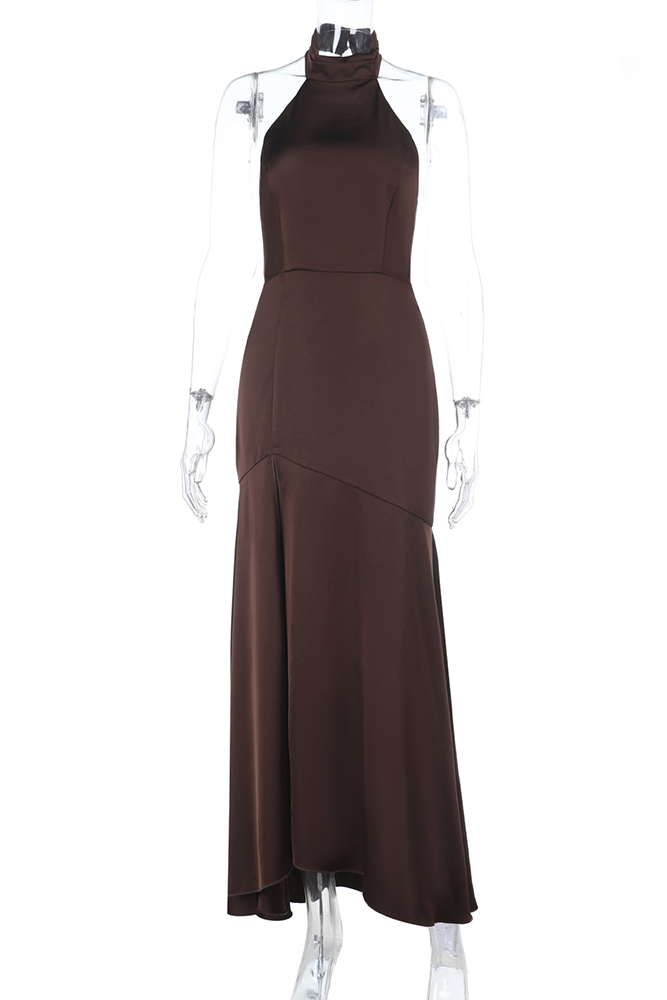 Halter Neck Solid Color Slim Fit High Slit Gowns Maxi Dresses-Brown