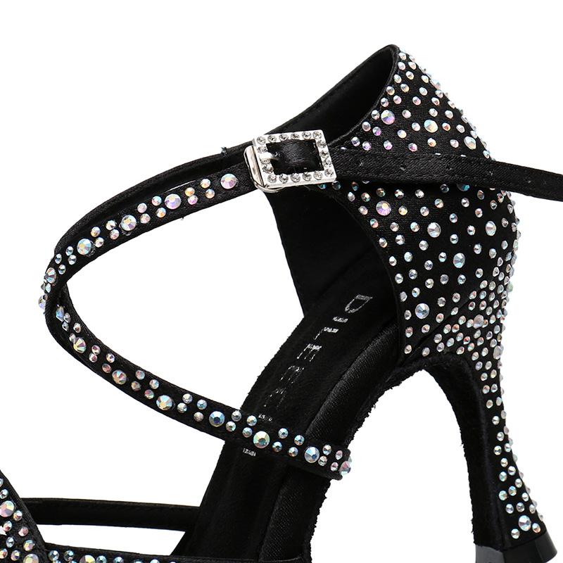 Women's Black Satin Rhinestone Customized Heels Ballroom Latin Dance Shoes