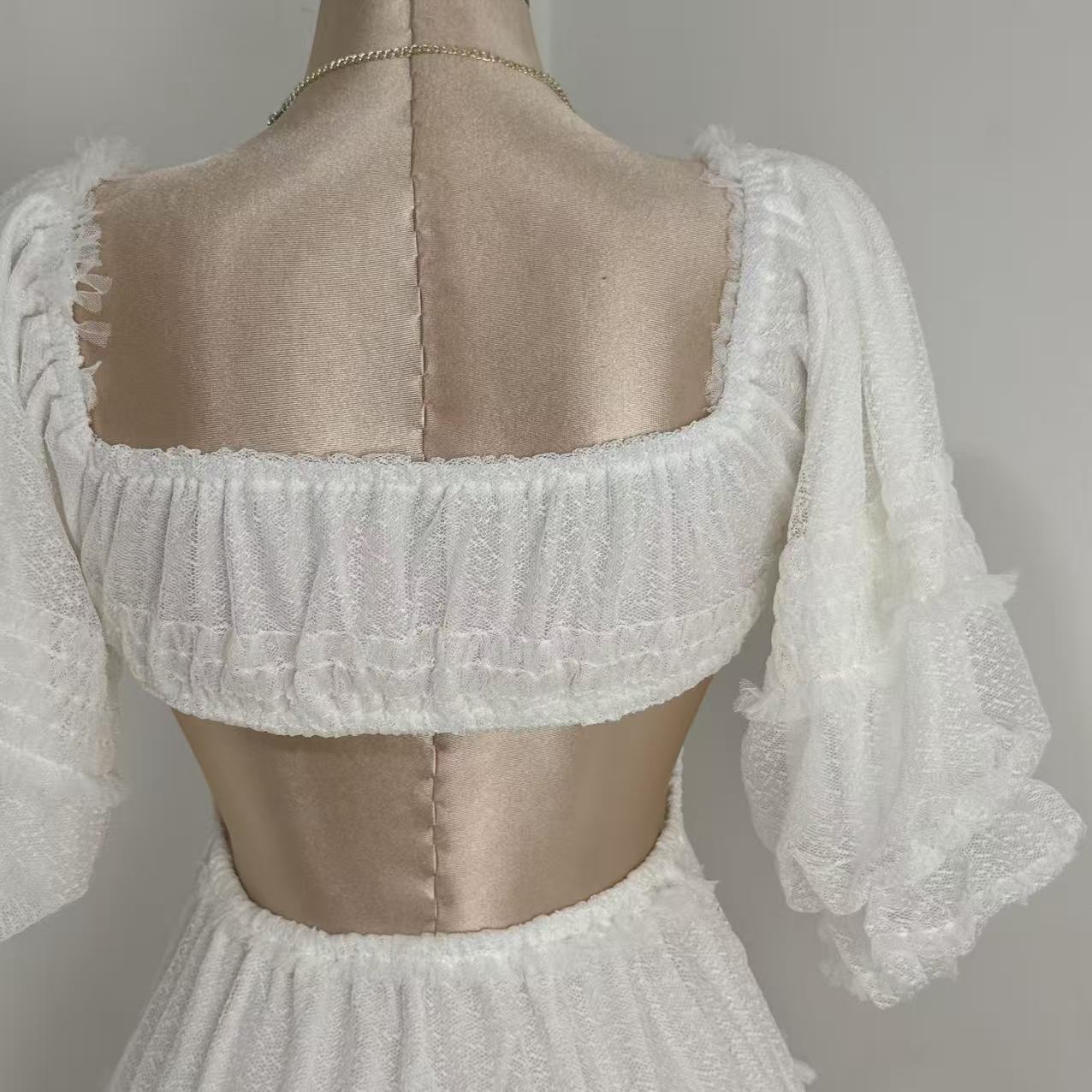 White Lantern Sleeve Suspender Dress