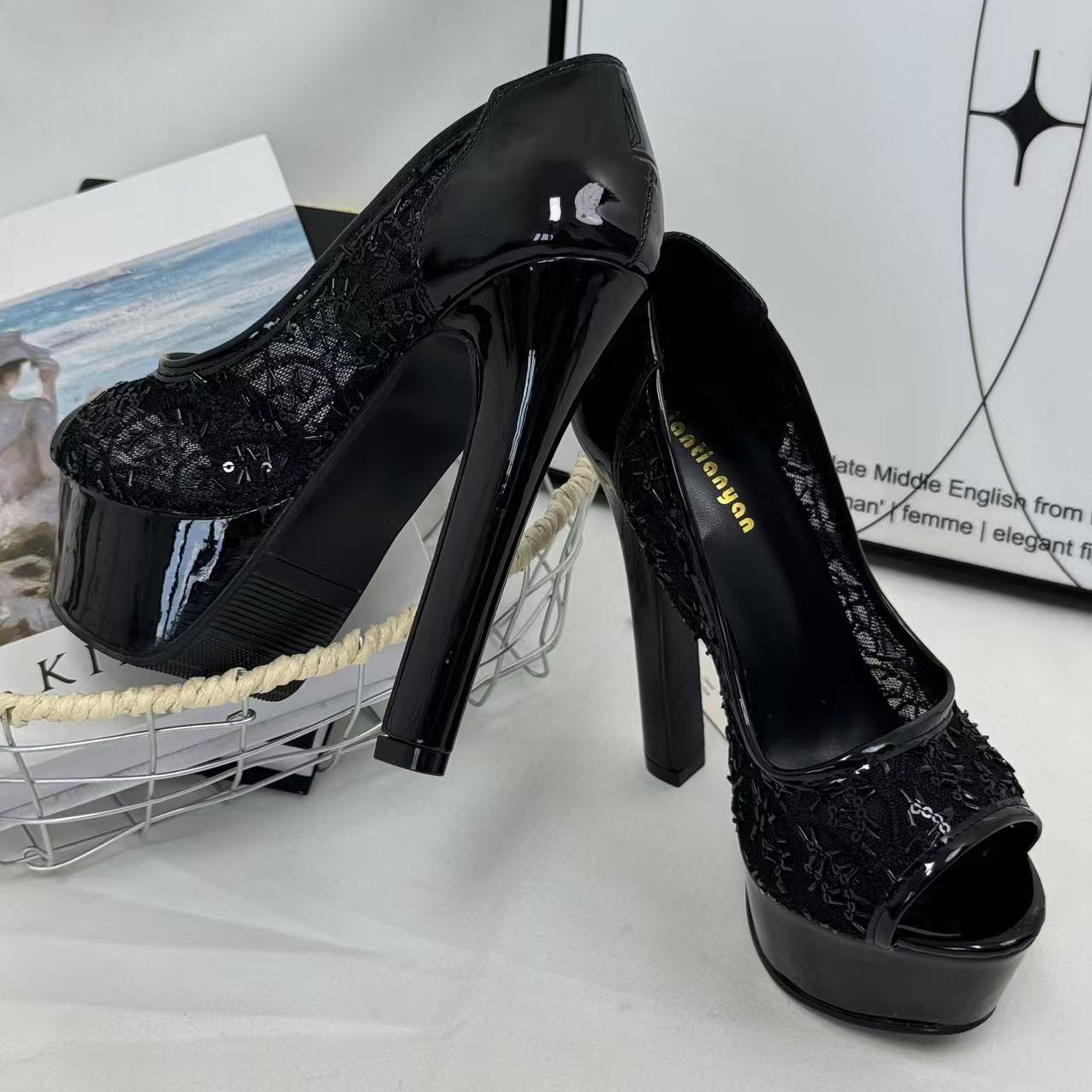 Lace open-toe stiletto heels