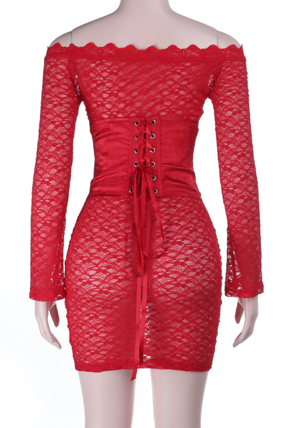 Off Shoulder Long Sleeve Lace Corset Lace Up Mini Dresses-Red