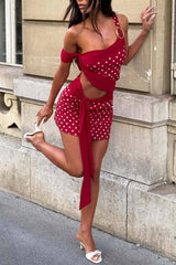 Polka Dot One Shoulder Cami Top Sash Mini Skirt 2pcs Set-Red Pre Order