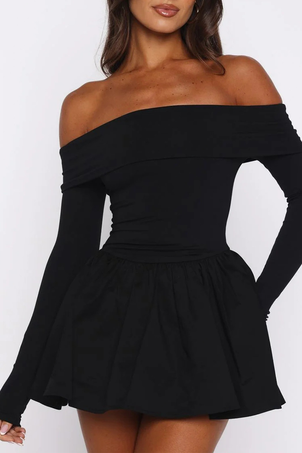 Off Shoulder Boat Neck Long Sleeve Cinch Waist Solid Color Mini Dresses-White