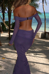 Off Shoulder Crop Top 3D Flower Fitted Maxi Skirt 2pcs Set Purple