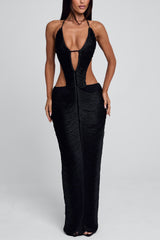 Halter Deep V Neck Cut Out Backless Ruched Maxi Dresses-Black Pre Order