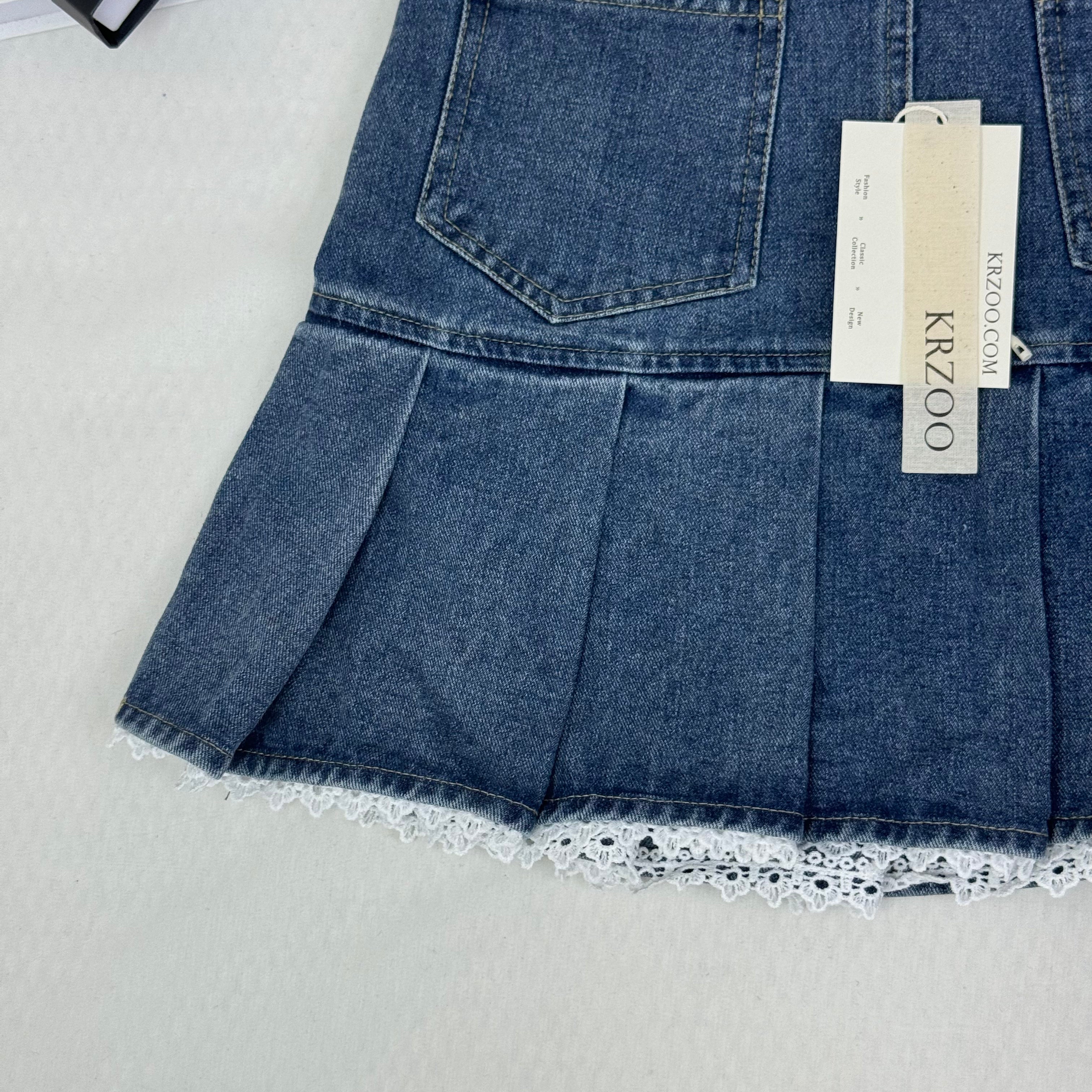 Lace trim pleated denim half-length skirt