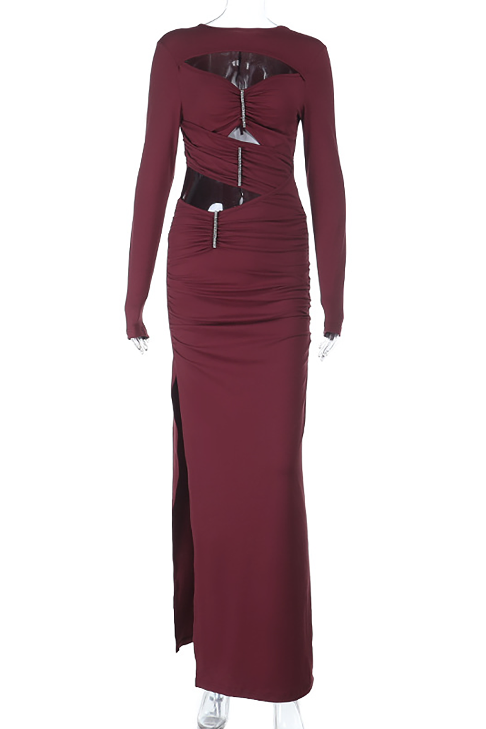Long Sleeve Cutout Ruched Fitted High Slit Maxi Dresses-Burgundy