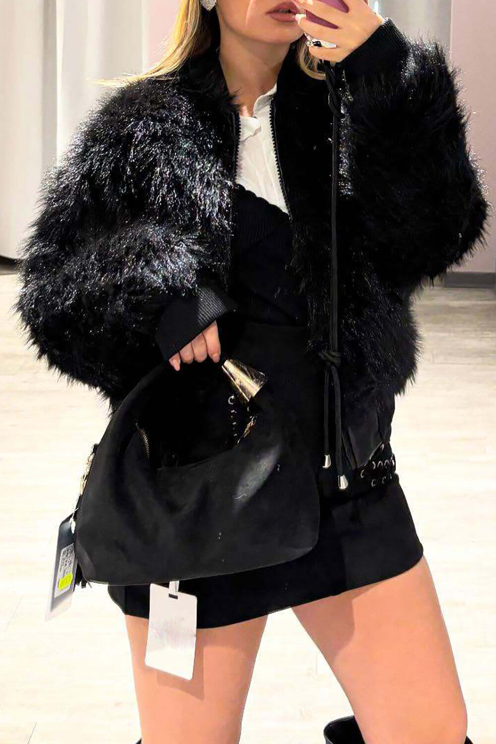 Faux Fur Long Sleeve Solid Color Fuzzy Crop Jacket-Black