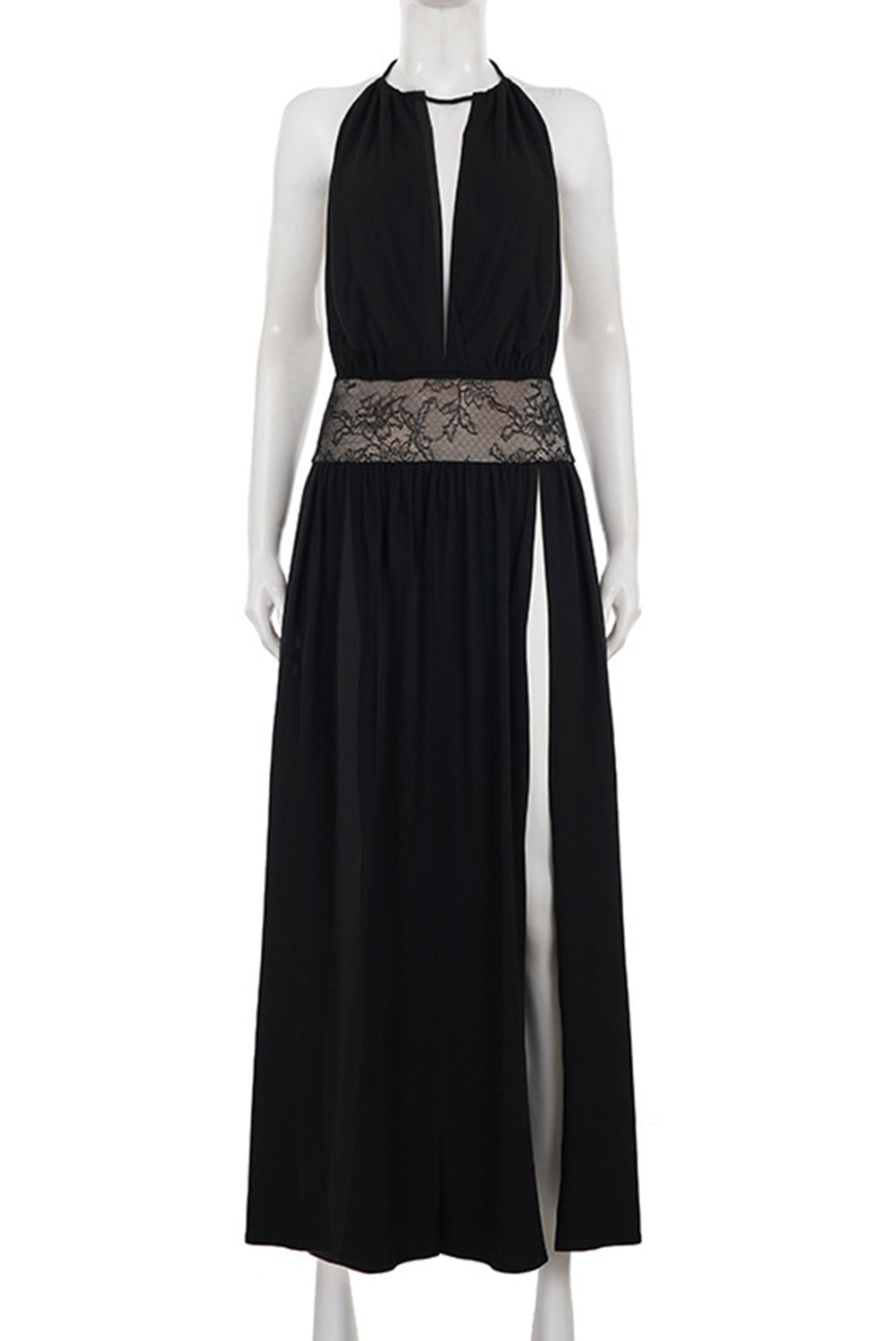 Backless Lace Patchwork Halter Collar High Slit Maxi Dresses-Black