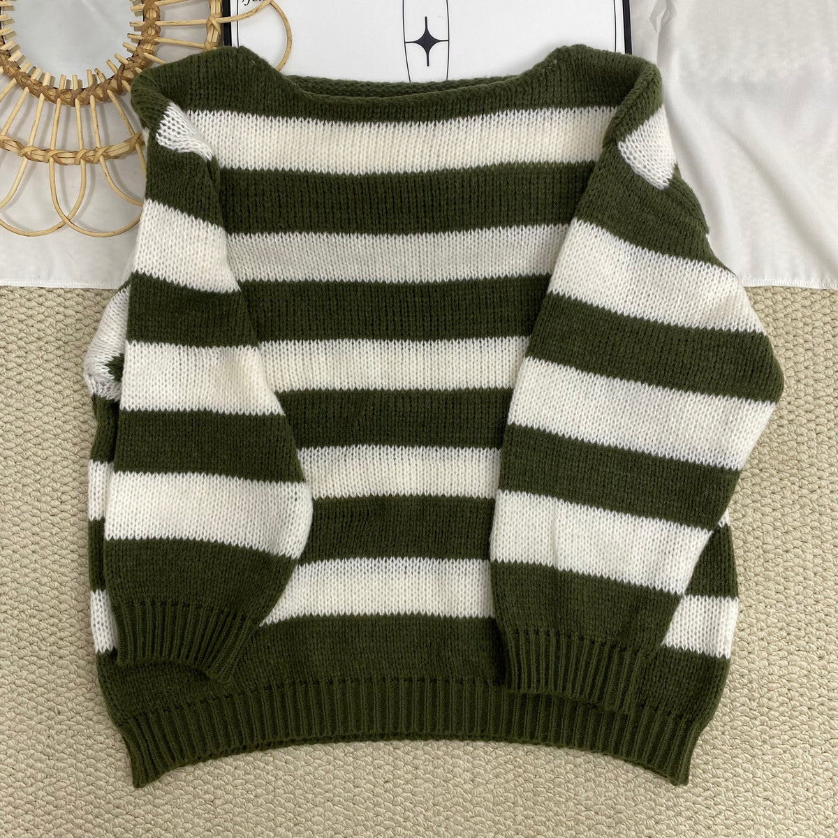 Crew Neck Striped Loose Knit Sweater