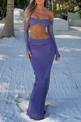 Off Shoulder Crop Top 3D Flower Fitted Maxi Skirt 2pcs Set Purple