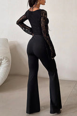 Eyelets Lace-Up Square Neck Lace Patchwork Slim Jumpsuit-Black