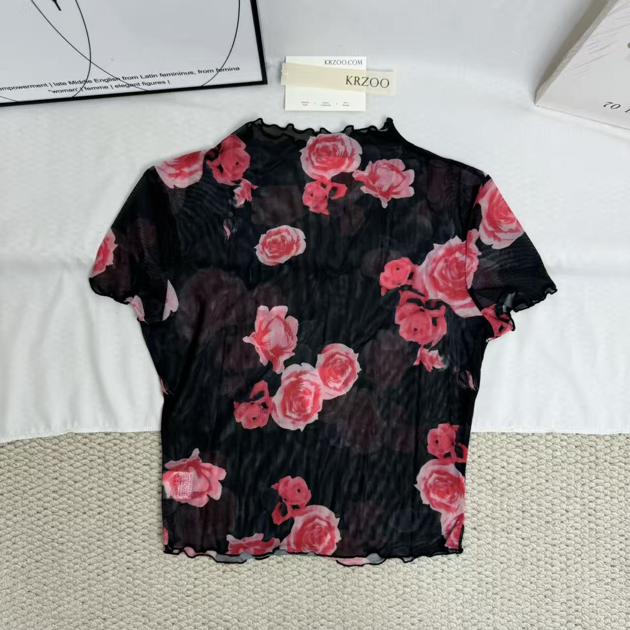 Mesh T-Shirt with Floral Print and Short Sleeves