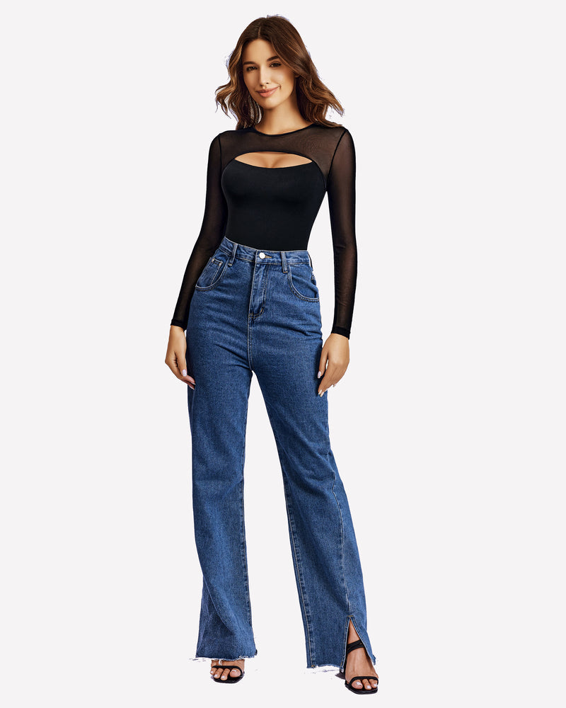 Long Sleeve Bodysuit Mesh Cutout Shirt