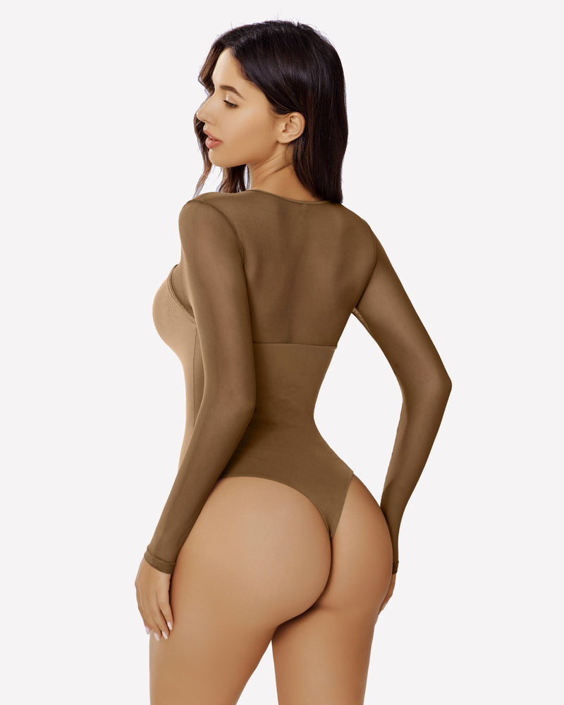 Long Sleeve Bodysuit Mesh Cutout Shirt
