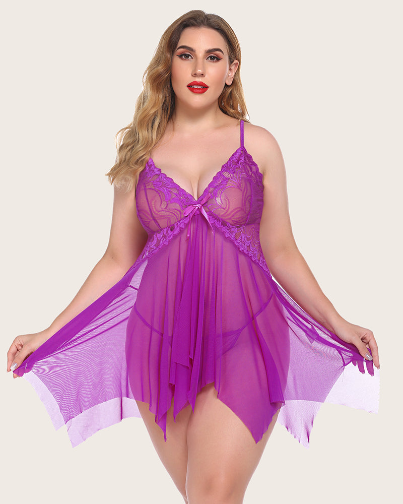 Plus Size Lingeries Lace Print Babydoll Outfits
