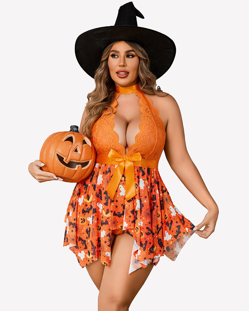 Plus Size Floral Lace High Waist Teddy Babydoll