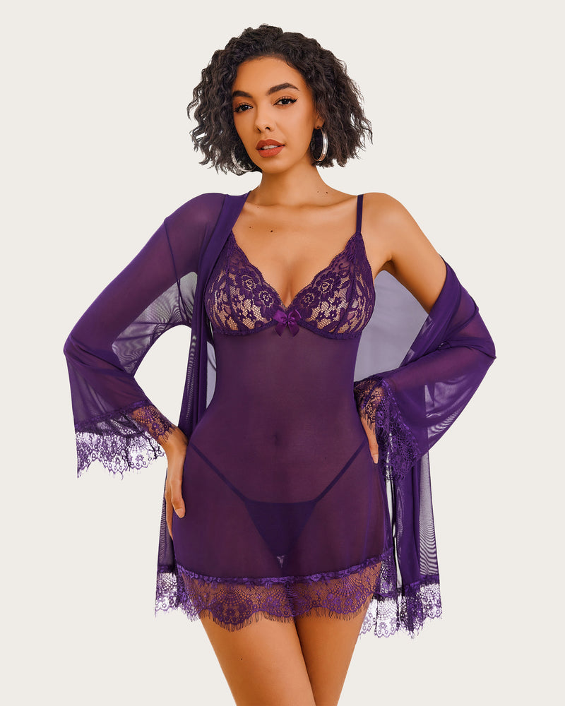 3 Piece Sets Mesh Robe with Lace Dress