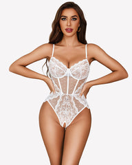 Sheer Lace Bodysuit V Neck Polka Dot Teddy