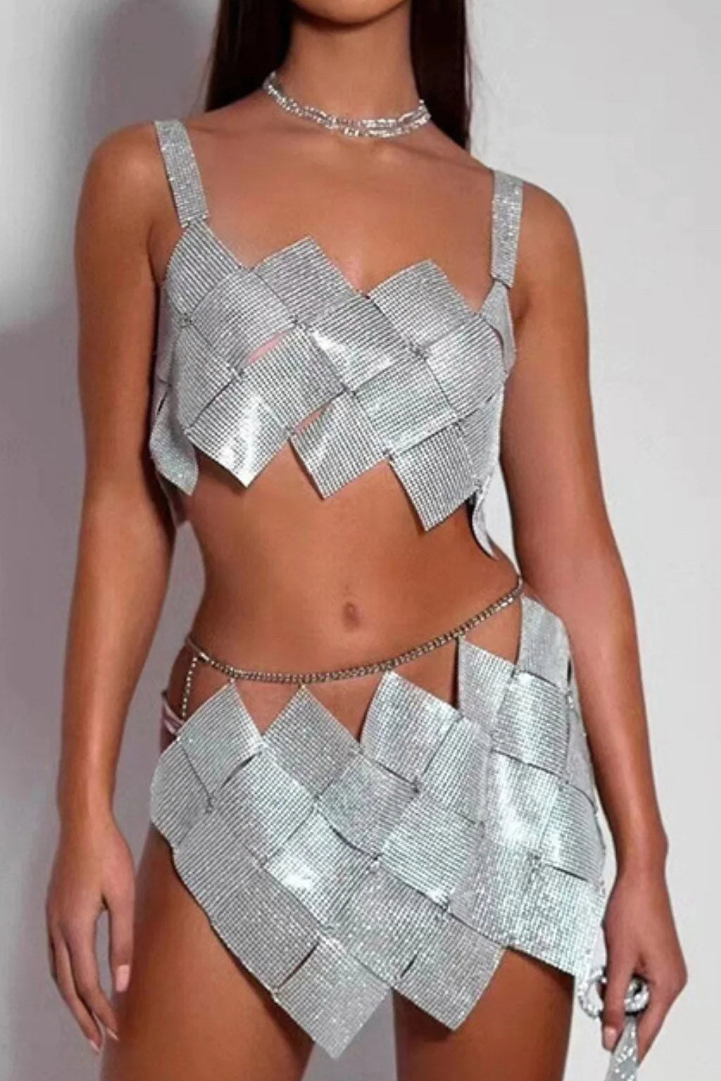 Sparkly Silver Two Piece Set - Mini Skirt & Disco Bra Top