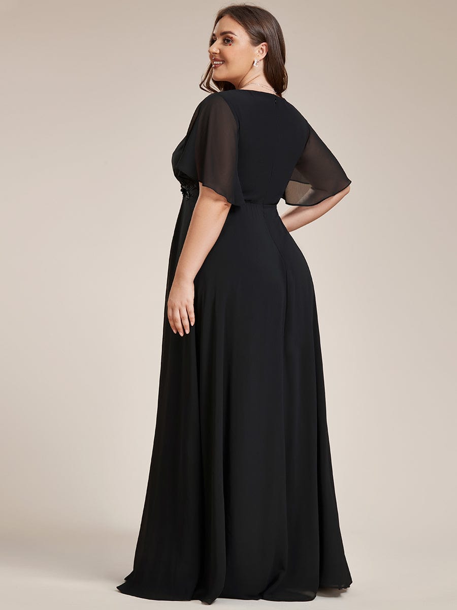 Plus Size Floral Applique Short Sleeve A-Line Chiffon Evening Dress