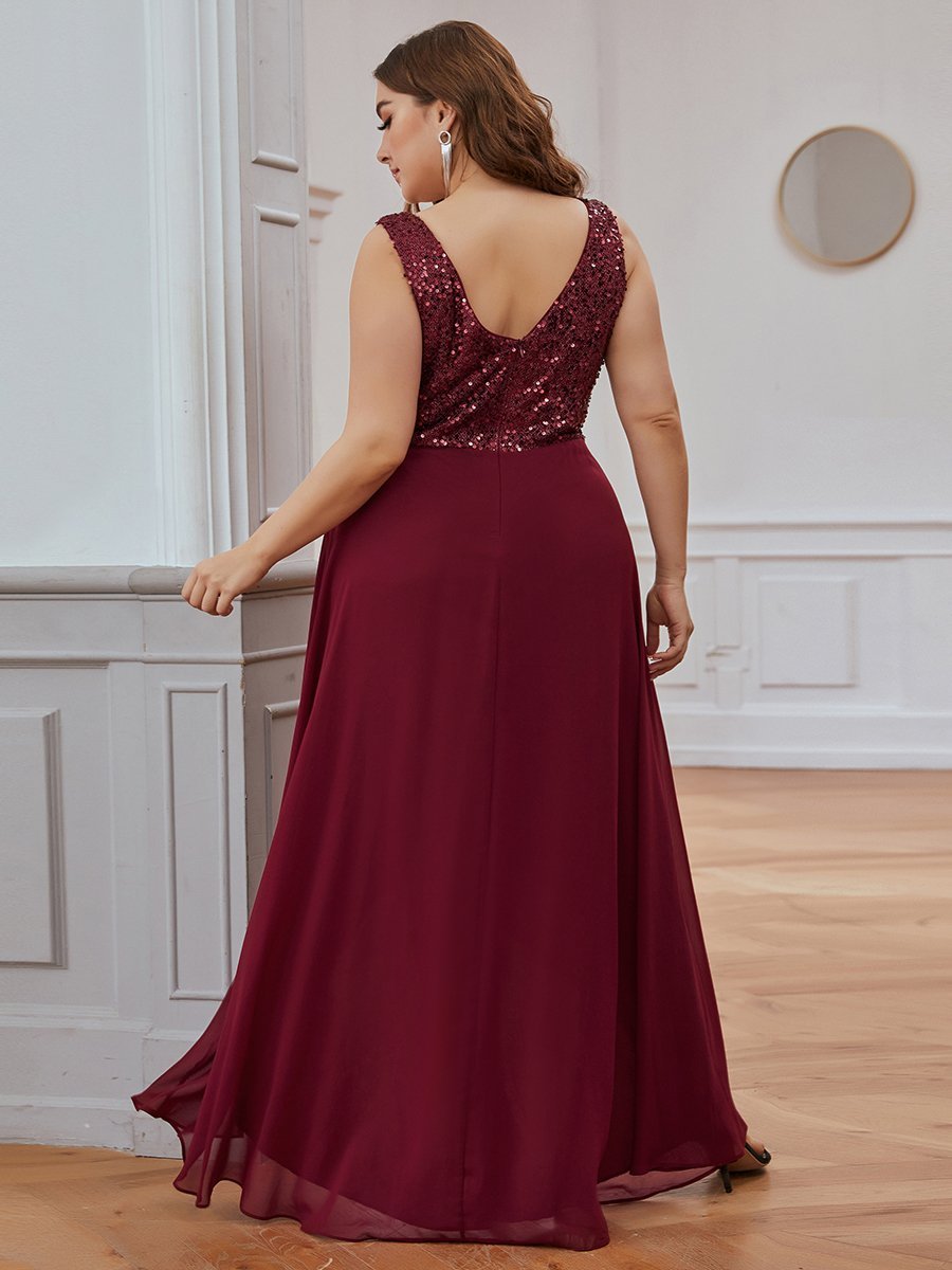 Sparkling Paillette & Chiffon V-neck A-line Sleeveless Plus Size Evening Gown