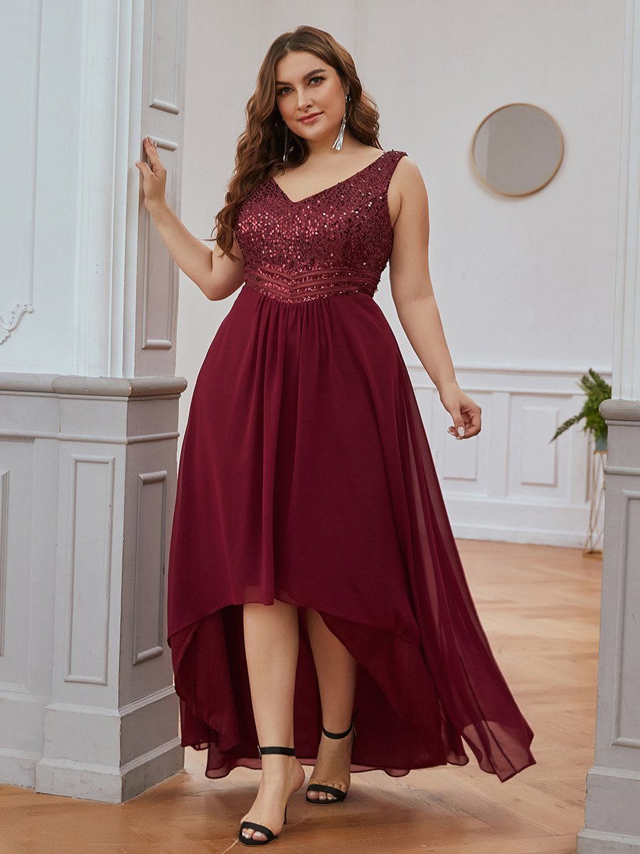 Sparkling Paillette & Chiffon V-neck A-line Sleeveless Plus Size Evening Gown