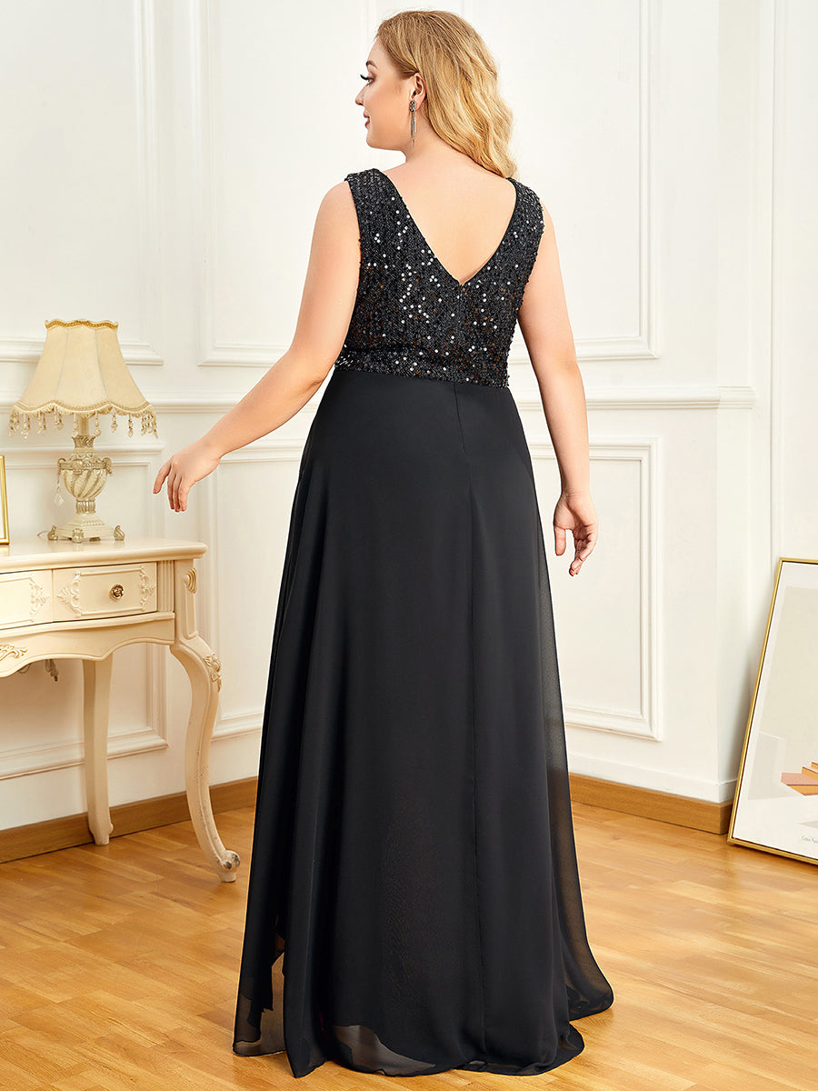 Sparkling Paillette & Chiffon V-neck A-line Sleeveless Plus Size Evening Gown