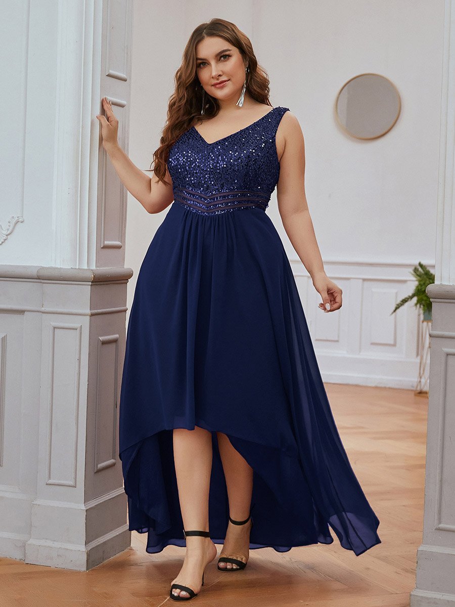 Sparkling Paillette & Chiffon V-neck A-line Sleeveless Plus Size Evening Gown