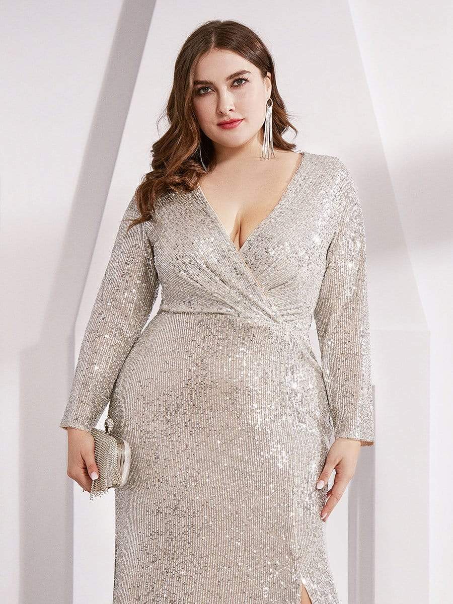 Custom Size Long Sleeves Deep V-Neck Sequin Bodice Formal Evening Gowns
