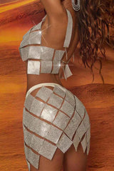 Sparkly Silver Two Piece Set - Mini Skirt & Disco Bra Top